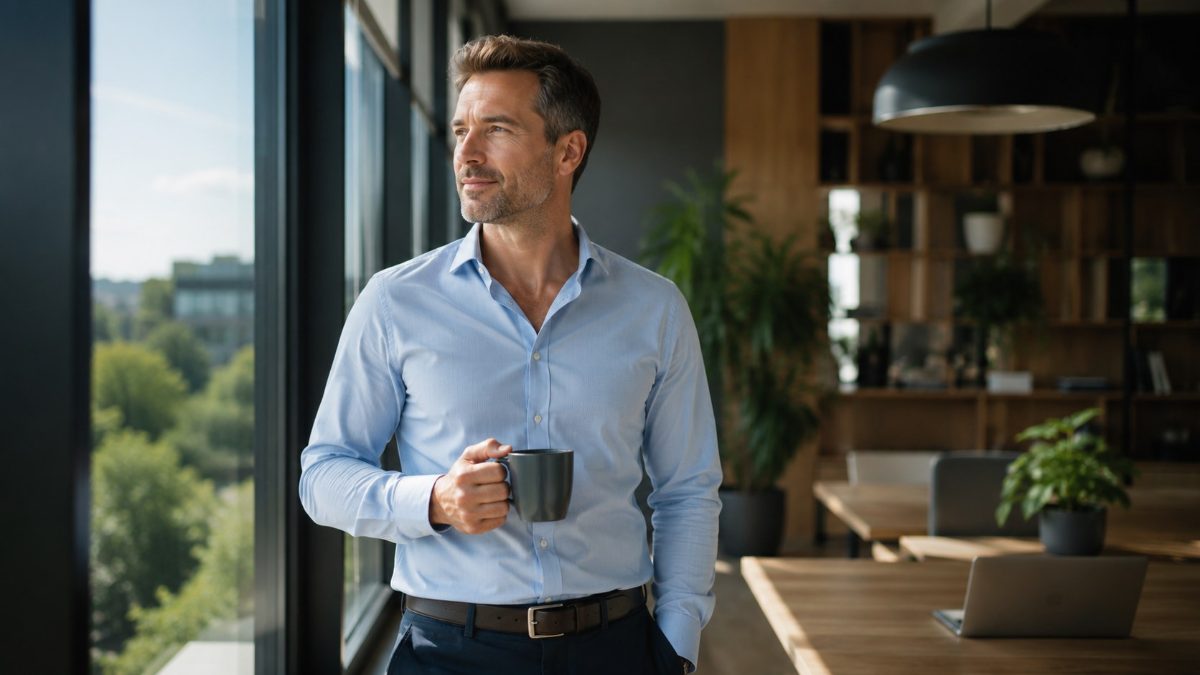 Geschäftsführer blickt am Bürofenster über die Stadt und überdenkt die Zusammenarbeit mit seiner B2B-Digitalagentur