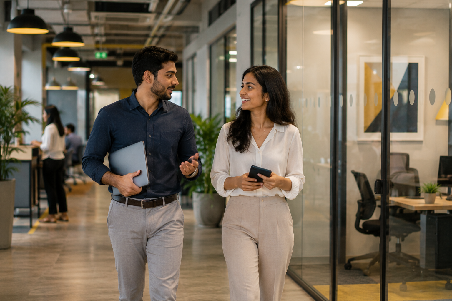 Two colleagues in a hallway discussing what AI takes over in acquisition