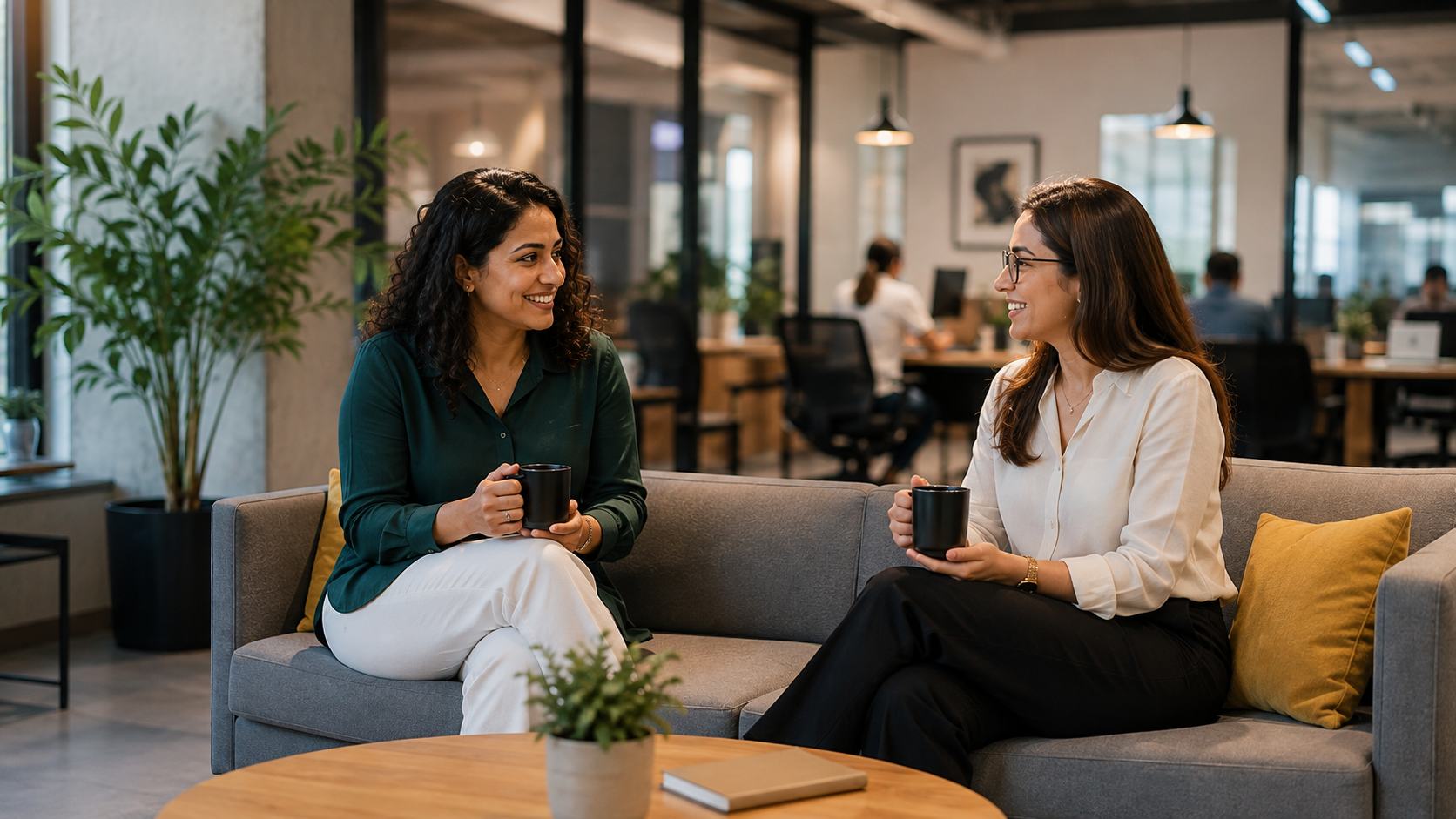 Two businesswomen on a sofa talking about prospecting in waves