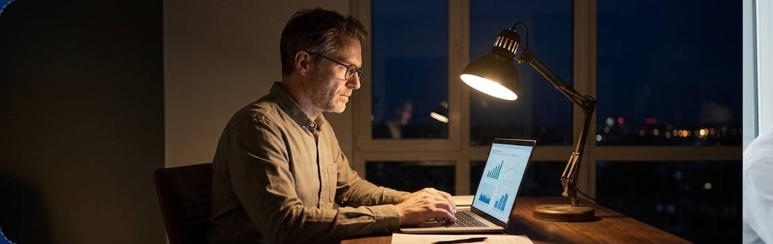 Inhaber abends allein am Schreibtisch