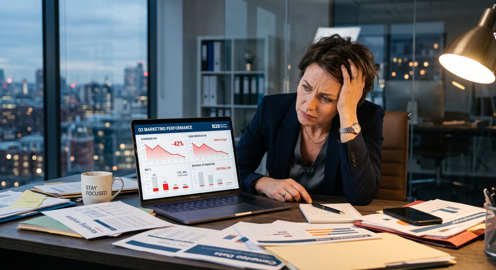 Inhaber vor roten Marketing-Charts