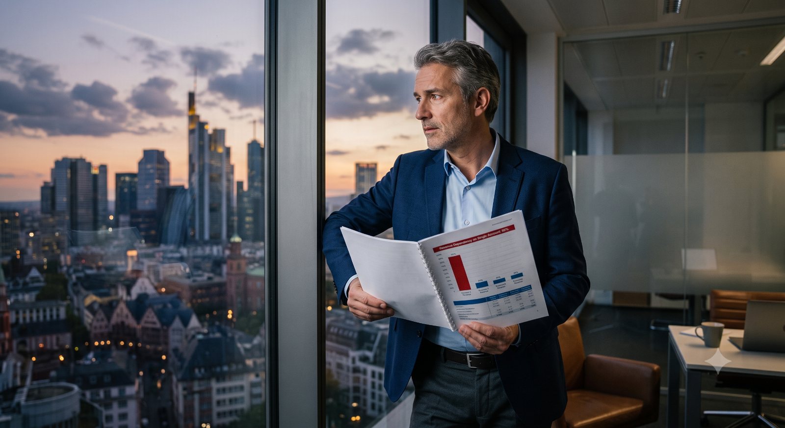 Inhaber mit Umsatzbericht am Fenster