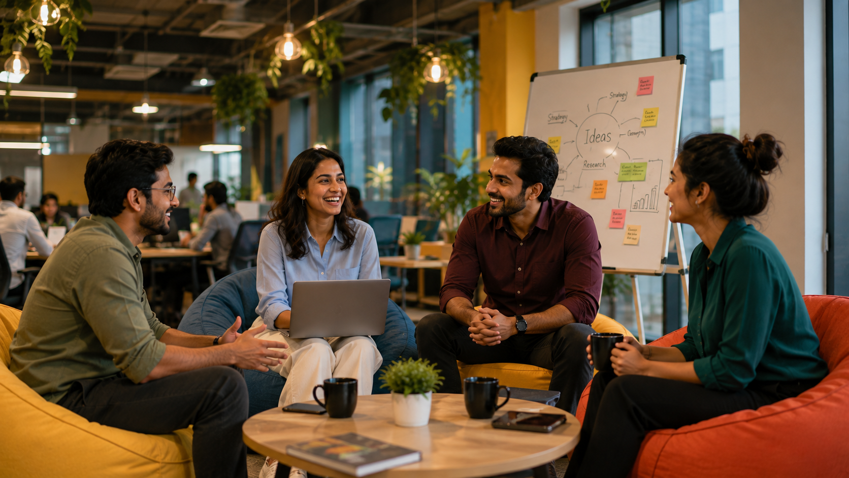 Team in an office lounge discussing what an AI tool without a system delivers