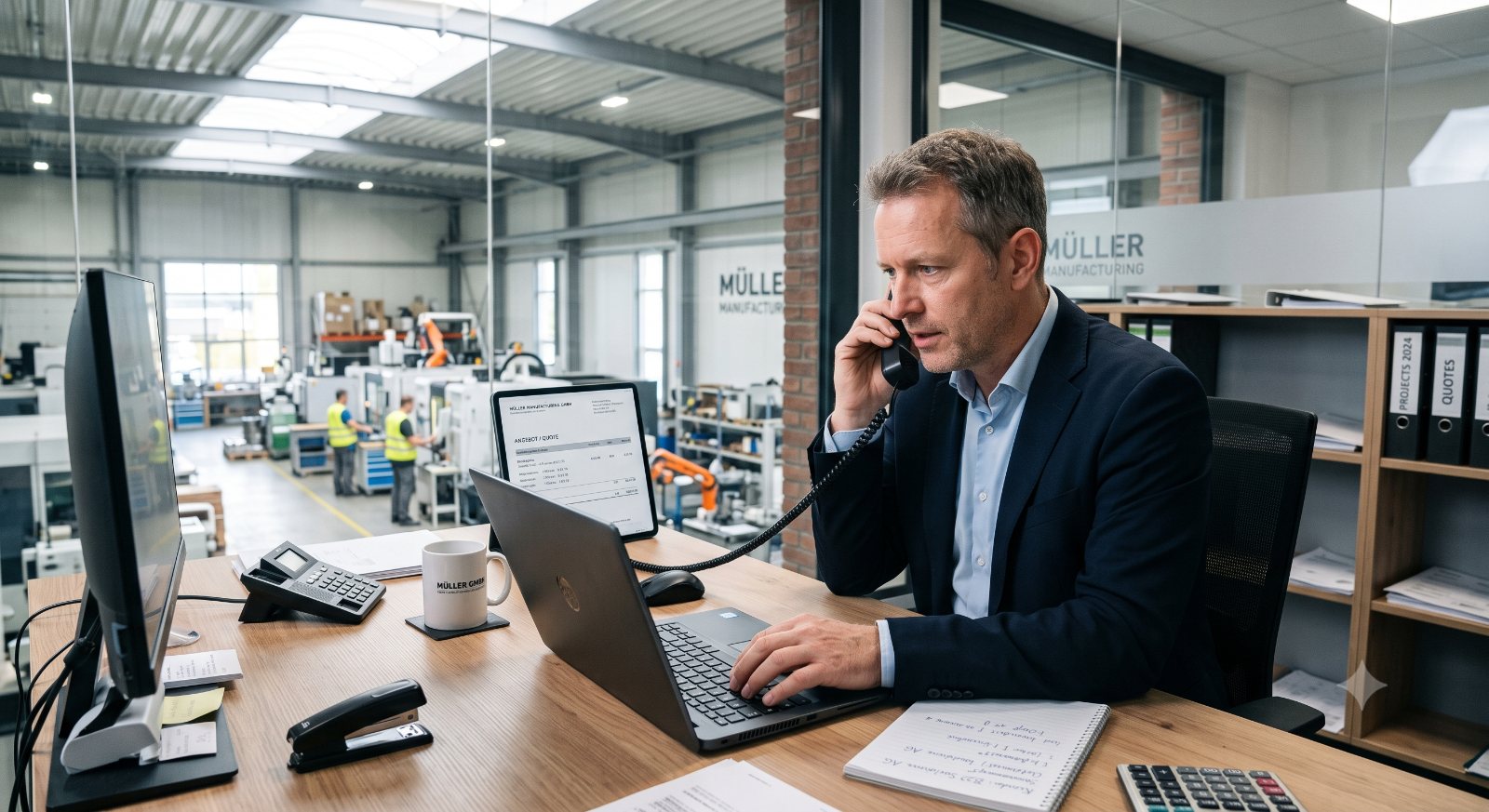 Inhaber im Produktionsbüro am Telefon